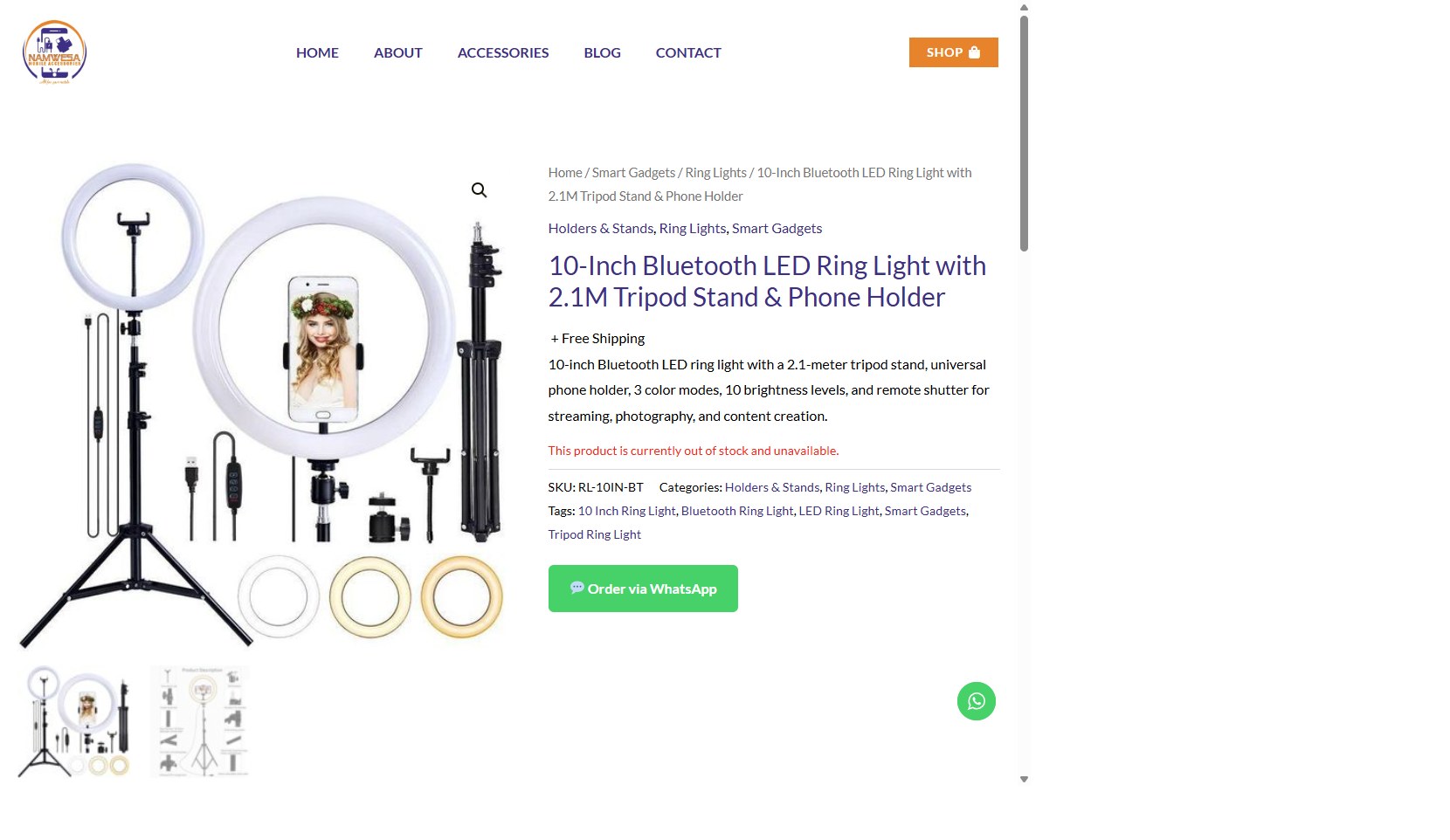 A Namwesa product page with the Order via WhatsApp button